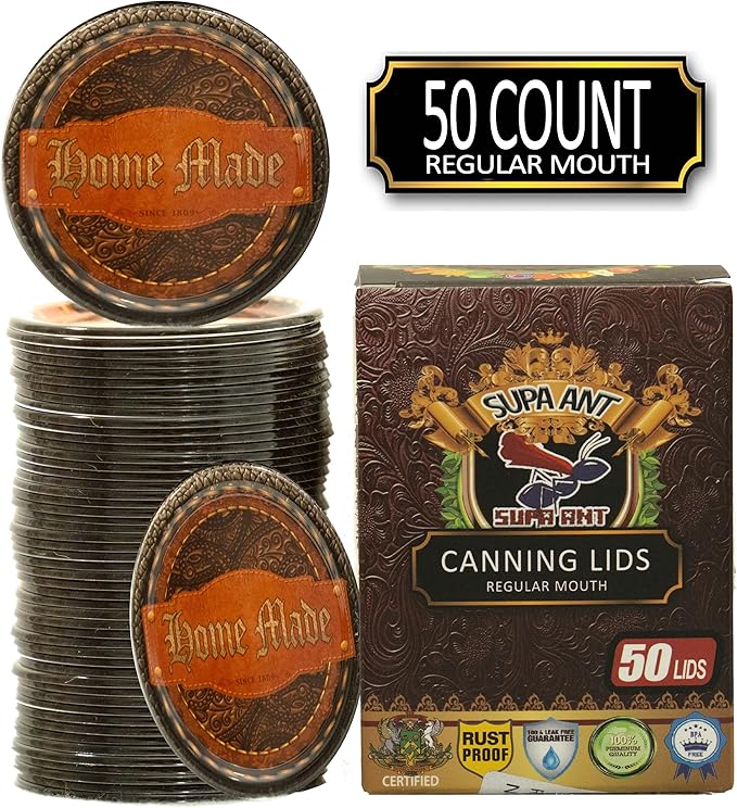 Supa Ant Thickest Canning Lids Regular Mouth (50 Pieces) Food Grade Tin-Can Lids for Canned Food-Buckle Proof & Rust Proof Lid for Canning Kit for Regular Mouth Mason Jars(Leatherback)Canning Supplies