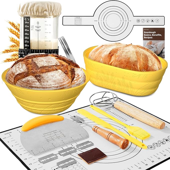Sourdough Starter Kit with Jar – Complete Sourdough Bread Baking Supplies for Beginners, Includes 2 Silicone Proofing Baskets Baking Mat Sour Dough Kit - Yellow