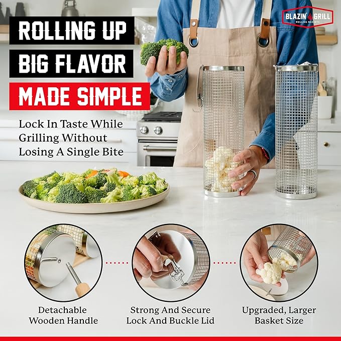 BLAZIN' GRILL Rolling Grill Basket with Removable Handle | 2 x Grilling Basket & Smoker Accessories | Grill Baskets for Outdoor Grill with BBQ Gloves | Barbecue Grill Baskets for Vegetables, Seafood & Meat