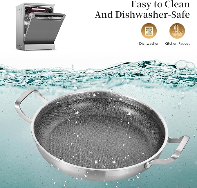 Inqibee 12-Inch Hybrid Tri-Ply Stainless Steel Non Stick Paella Pan with Lid,Stir Fry Pan,Omelet Pan,Large Skillet,Induction Cooking Pan,Dishwasher and Oven Safe.