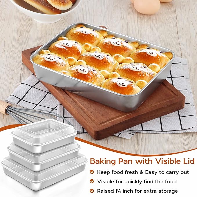 Baking Pan Set, 9¼ x 7⅛ x 2 Inch Small Rectangle Sheet Cake Pan with Lid, Stainless Steel Bakeware for Lasagna Brownie Casseroles