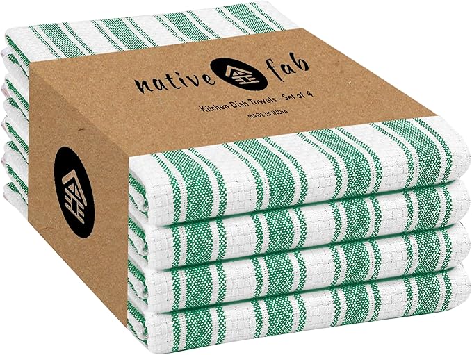 Native Fab Cotton Kitchen Towels - 16x26 inches - Set of 4 - Basket Weave Stripe Dish Towels for Cleaning, Drying Dishes, Absorbent Dish Cloths Set with Hanging Loop - Royal Green