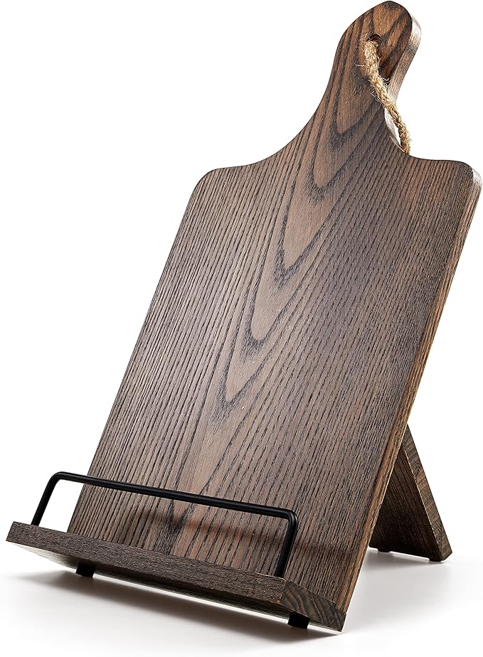 Cookbook Stand, Rustic Wood Cookbook Holder Cutting Board Style, Adjustable Recipe Ipad Tablet Book Holder and Stand for Kitchen with Anti-Slip Kickstand (Dark Brown)