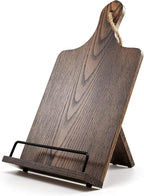 Cookbook Stand, Rustic Wood Cookbook Holder Cutting Board Style, Adjustable Recipe Ipad Tablet Book Holder and Stand for Kitchen with Anti-Slip Kickstand (Dark Brown)