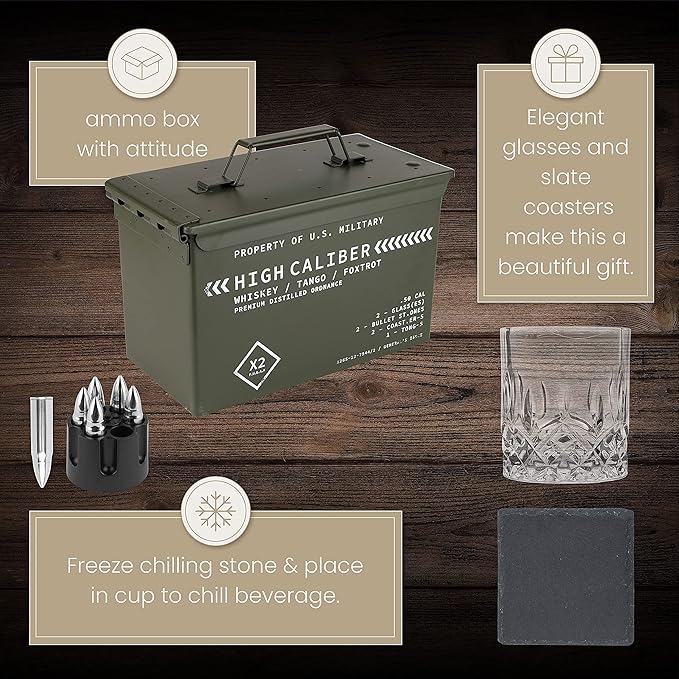 Titan LSO Whiskey Glasses and Stones in Unique Tactical Box Display | Bourbon Cocktail Cups, Coasters and Tongs | Gifts for Men | Glass Set