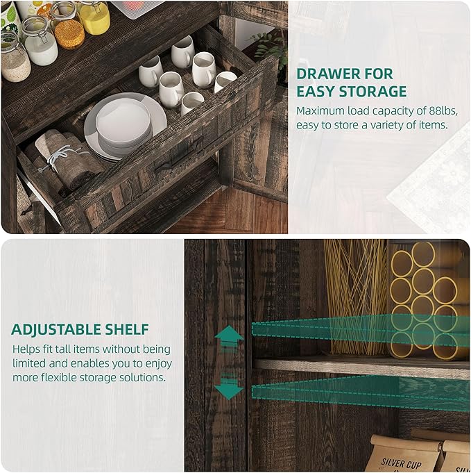 YITAHOME 72.6" H Farmhouse Kitchen Pantry Cabinet, Freestanding Tall Storage Cabinet with 4 Doors, Drawer and Adjustable Shelves, Tall Cupboard for Dining Room, Living Room, Dark Rustic Oak