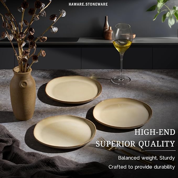 HaWare Stoneware Salad Plates Set of 6, 7.9” Heavy Duty Ceramic Plates, Reactive Glaze Dinnerware for Home Restaurant, Chip and Scratch Resistant, Microwave and Dishwasher Safe, Reactive Sandy Khaki