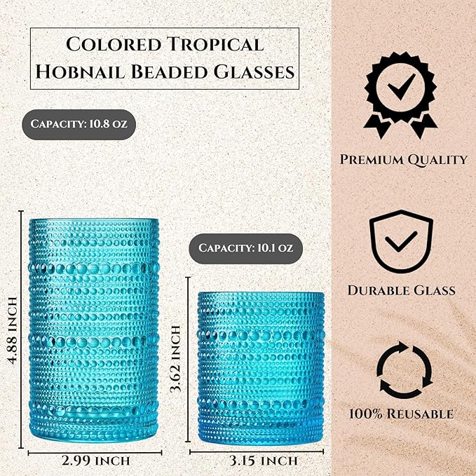 Hobnail Beaded Highball Drinking Tumbler Glasses | Set of 12 | Color, Vintage Bubble Design Whiskey Glassware, Old-Fashioned, Embossed Design for Water, Wine, Cocktail Embossed Heavy Glas, Rocks Glass