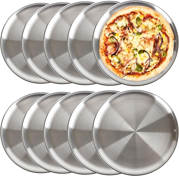 10 Pieces 12 Inch Pizza Pans Bulk Stainless Steel Pizza Pans Reusable Round Bakeware Oven Pizza Trays for Home Restaurant Kitchen Baking Roasting Healthy Rust Free Dishwasher Easy Clean