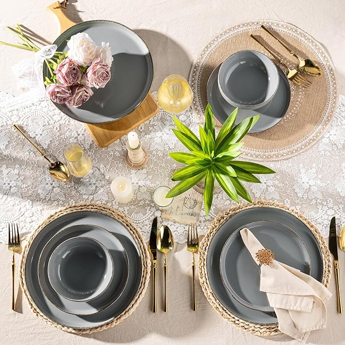 AmorArc Ceramic Dinnerware Sets for 4, 12 Pieces Handpainted Plates and Bowls Set with Rustic Terracotta Underside, Scratch Resistant Stoneware Dishes Set, Dishwasher & Microwave Safe