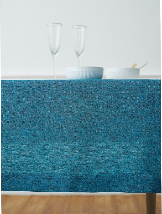Solino Home Linen Tablecloth 60 x 120 Inch - 100% Pure Linen Chambray Teal Table Cloth for Rectangle Tables - Athena, Machine Washable Tablecloth for Summer, Fall, Autumn