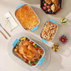 MALACASA Casserole Dishes for Oven, Ceramic Baking Dishes Set of 3, Rectangular Lasagna Pan Deep Baking Pans, Bakeware Sets with Handles Gift Set, White with Blue Trim(13.8''/11.7''/9.4''), Series BAKE