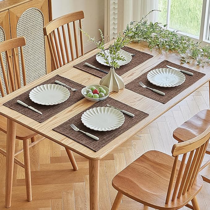 Softalker Faux Linen Placemats Set of 12-12 x 18 Inch, Heat Resistant Double Layered Durable Burlap Farmhouse Place Mats, Non-Slip Washable Rustic Table Mats for Dining, Kitchen, Party（Dark Brown