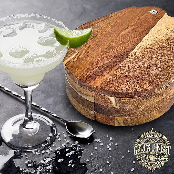 Margarita Salt Rimmer Set for Cocktails | 3 Tier Acacia Wood Glass Rimmer for Salt/Sugar/Lime Seasoning for Bloody Mary, Tequila | Drink Accessories for Bar (With Sponges)