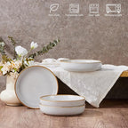 E-far Pasta Bowls Set of 4, 35oz Large Salad Bowls for Serving, Wide and Shallow Ceramic Plates for Kitchen, Double Reactive Glaze, Microwave and Dishwasher Safe, Seashell White