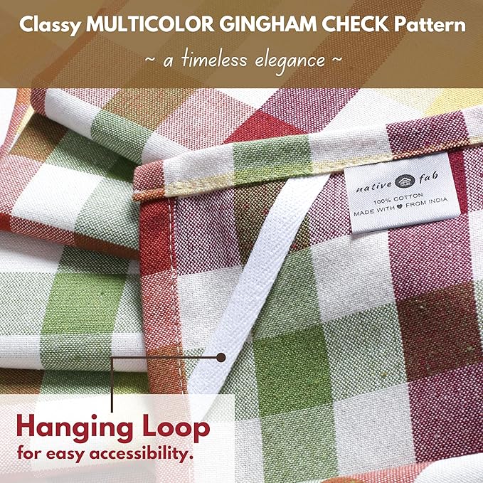 Native Fab Harvest Fall Gingham Check Kitchen Towels 4 Pack 18x26 Inches - 100% Cotton, Soft, Absorbent Dish Towels for Drying & Cleaning, Holiday Dishcloths - Burgundy, Green, Yellow