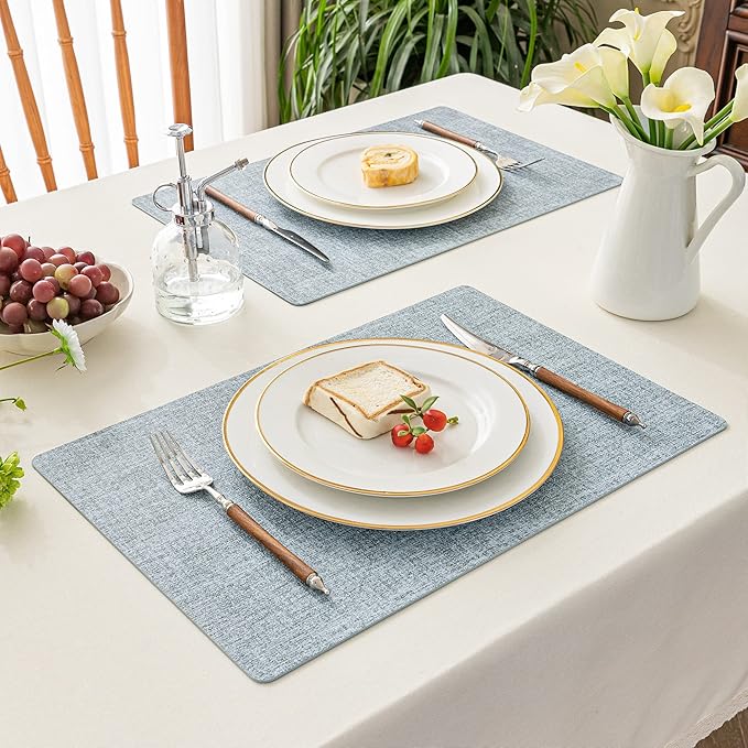 Romanstile Vinyl Placemats Set of 4-12 X 18 Inch - Heat Resistant Place Mats 100% Waterproof Oilproof Wipeable Reversible Faux Leather Table Mats for Kitchen/Dining/Party/Outdoor, Sky Blue