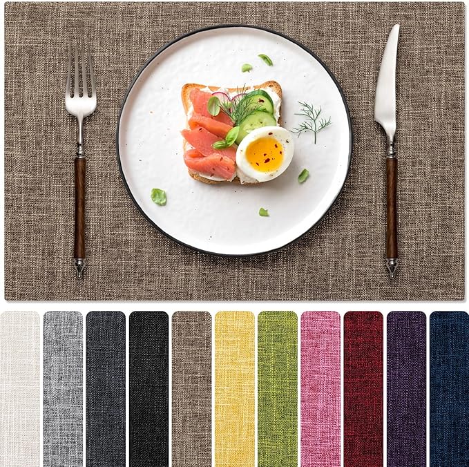 Blue Forest Placemats Set of 4, Dual-Layered Thickened Faux Linen Cloth Place Mats Heat Resistant Machine Washable Wrinkle Free Table Mats Indoor/Outdoor (Burlap)