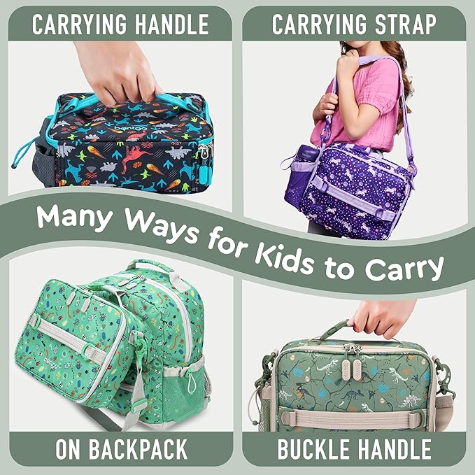 Bentgo Kids Lunch Bag - Durable, Double-Insulated Lunch Bag for Kids 3+; Holds Lunch Box, Water Bottle, & Snacks; Easy-Clean Water-Resistant Fabric & Multiple Zippered Pockets (Dino Fossils)