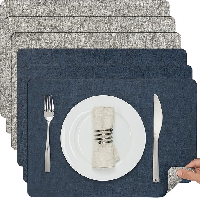 Myir JUN Placemats Dual Sided, Faux Leather Place Mats Set of 6 Indoor Placemat for Dining Table Outdoor Place Mat Manteles Individuales Square Non-Slip Washable Table Mats (Gray Blue, Set of 6)