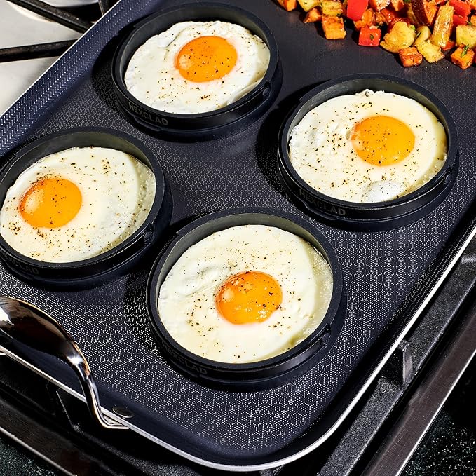 HexClad 8-Piece Griddle Tool Set with Smash-Burger Press, Wide Turner, Long Spatula, 14" Tongs, and 4 Egg Rings, Heat-Resistant to 450ºF, Dishwasher-Safe, Perfect for Our Hybrid Double-Burner Griddle