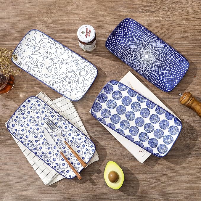 Selamica Ceramic Serving Platters, 14 Inch Serving Trays for Party Entertaining, Large Rectangular Serving Plates for Appetizer, Charcuterie, Dessert, Fruit, Set of 4, Vintage Blue