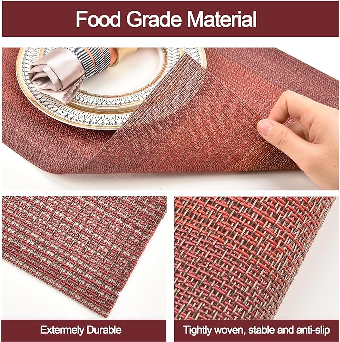 Placemats Set of 4 - Easy Clean Washable Vinyl Placemats - Wipeable Heat Resistant Table Mats for Dining Table - 17.7x11.8 Inch (4, Red Gradient)