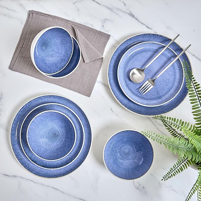 Sango Cove 12-Piece Blue Stoneware Dinnerware Set – Service for 4, Plate & Bowl Set, Blue with a White Speckled Underglaze, for Daily Dining & Entertainment, Microwave & Dishwasher Safe