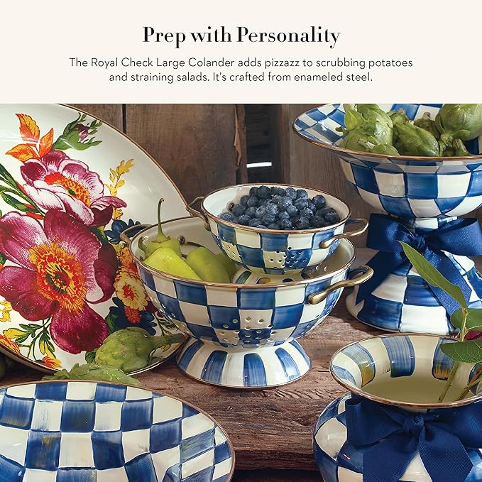 MACKENZIE-CHILDS Enamel Colander, Decorative Kitchen Strainer, Large, Blue-and-White Royal Check