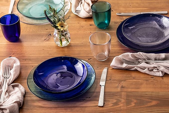 FORTESSA Los Cabos Tableware, 4-Piece Glass Dinner Plate Set (10.5 Inches), Dishwasher-Safe Glass Dinnerware Collection, Cobalt Blue