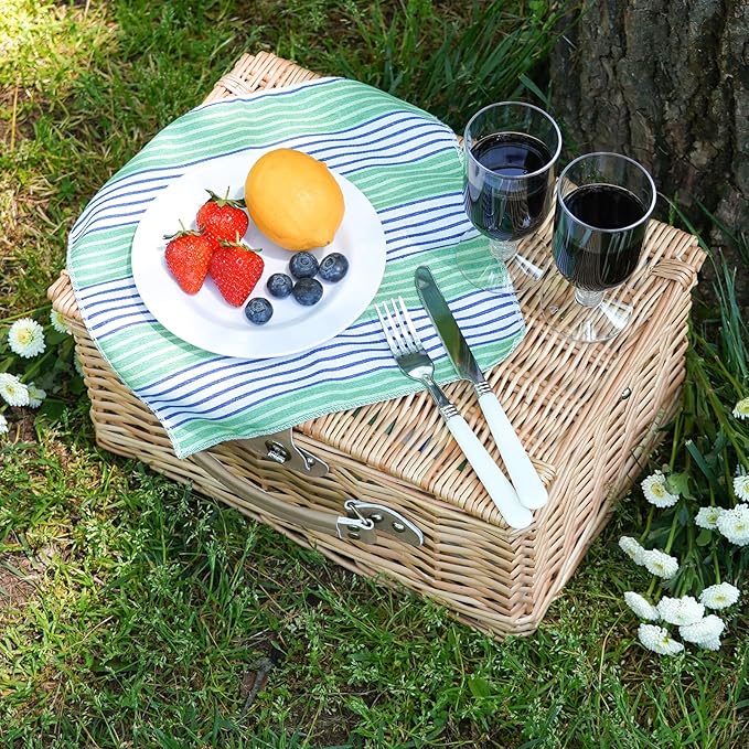 Wicker Picnic Basket for 2 Person, Willow Hamper Basket Sets with Insulated Compartment, Handmade 2 Person Picnic Basket Classical Green Stripe with Utensils Cutlery Perfect for Picnic, Camping