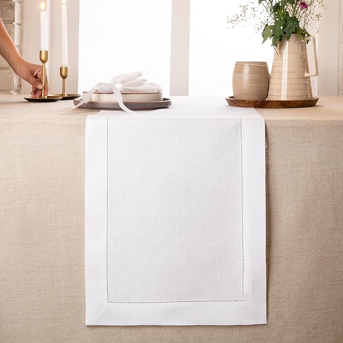 D'Moksha Homes Linen White Table Runner 36 Inches - 100% Pure Linen Small Table Runner 14 x 36 Inch Ideal for Dresser, Coffee Tables, Fall and Halloween - Classic Hemstitch - Classic Hemstitch