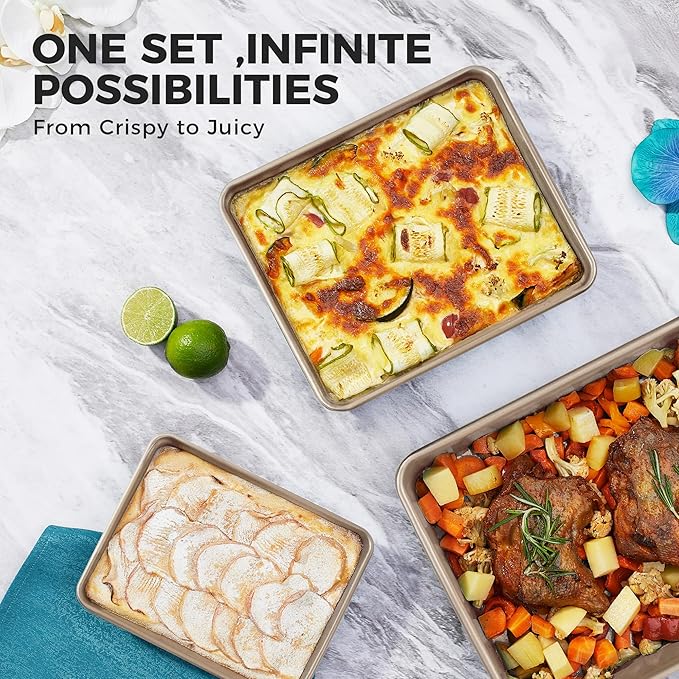 HONGBAKE Deep Baking Pans Set of 3, Nonstick Rectangle Sheet Cake Pans, 13/11/9 Inch Metal Oven Tray for Cooking Lasagna Brownie, Stackable Multi-Depth Bakeware, Golden