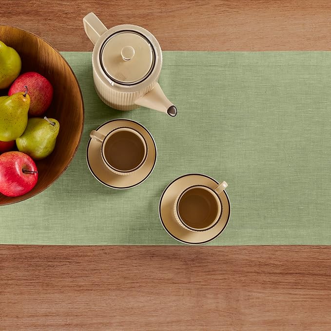 Solino Home Linen Small Table Runner 48 Inches - Athena, 100% Pure Linen Chambray Olive Table Runner 14 x 48 Inch Ideal for Dresser and Coffee Tables - Summer, Fall, Autumn, Halloween