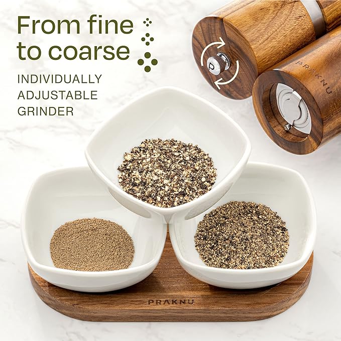 Salt and Pepper Grinder Set Wooden with Tray – Made from FSC® Acacia Wood – Adjustable Durable Ceramic Rotor - Plastic-Free