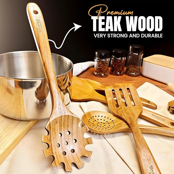 Wooden Spoons for Cooking Utensils, Natural Teak Wooden Cooking Spoons with Nonstick Spatula Set, Bamboo Kitchen Utensils With Holder, Wood Spoon Set for Kitchen Essentials (6)
