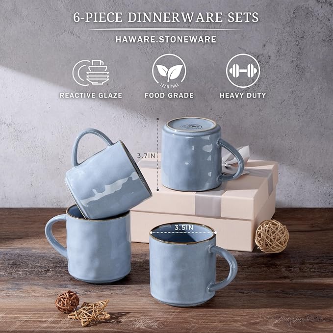 HaWare 14OZ Coffee Mugs Set of 6, Stoneware Coffee Cups with Handle, Latte Mug for Man, Woman, Dad, Mom, Modern Tea Mugs for Latte/Cappuccino/Cocoa/Milk, Dishwasher& Microwave Safe, Reactive Blue