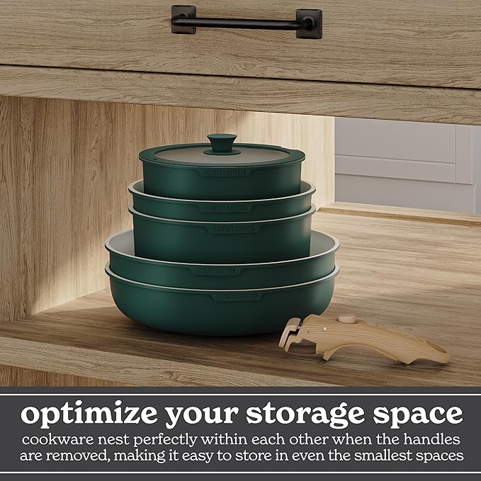 Country Kitchen Cookware Set with Removable Handle, Oven & RV Safe Pots and Pans Set, Sage Wood Handle, Original