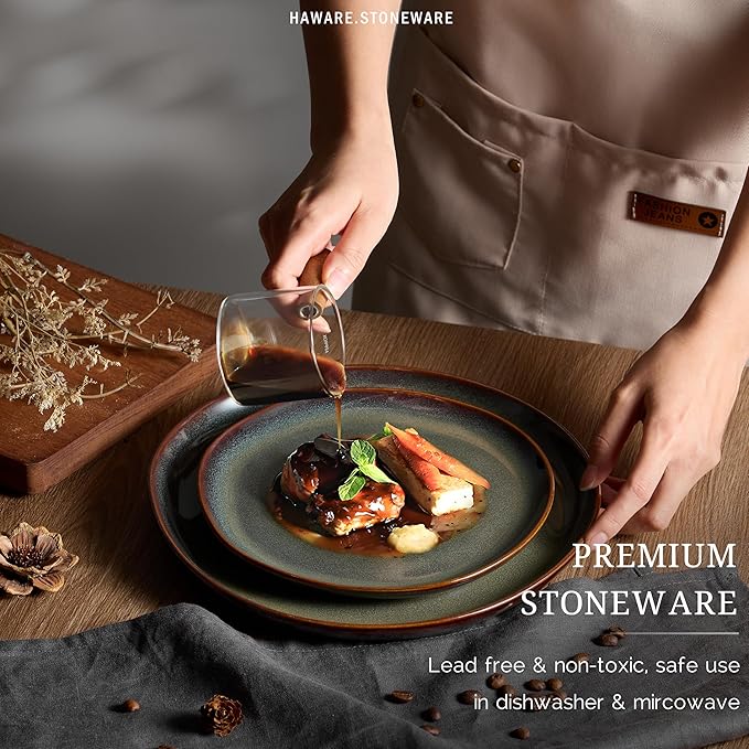 HaWare Stoneware Salad Plates Set of 6, 7.9” Heavy Duty Ceramic Plates, Reactive Glaze Dinnerware for Home Restaurant, Chip and Scratch Resistant, Microwave and Dishwasher Safe, Reactive Moss Green