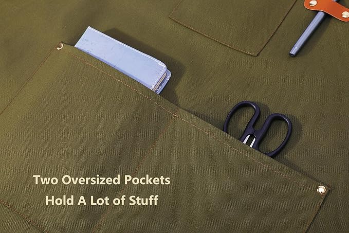 AFUN Chef Aprons for Women Men with Large Pockets, Cotton Canvas Cross Back Water Repellent Work Apron, Size M to XXL (Greygreen)