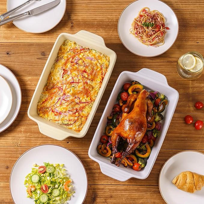 Casserole Dish Cookware , 14.5" Lasagna Pan Deep for Oven, Ceramic Baking Dish, Large Baking Pan with Handles, Durable Bakeware for Lasagna Cake Chicken Turkey, Wedding Housewarming Christma Gift, White