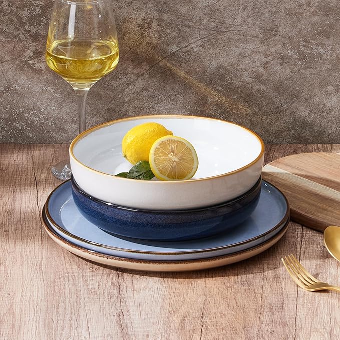 E-far Pasta Bowls Set of 4-35oz Double Reactive Ceramic Large Serving Salad Bowls, Wide & Shallow Stoneware Pasta Plates for Salad, Soup, Dinner| Dishwasher & Microwave Safe | Multicolor