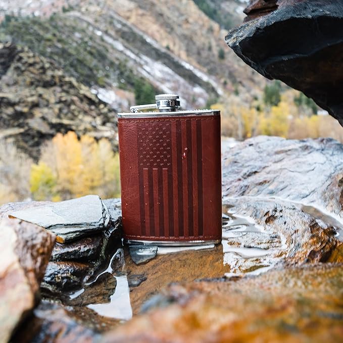 Leather American Flag Hip Flask - Leak Proof Food Grade Stainless Steel for Whiskey or Bourbon Liquor | Bonus Funnel (USA 8 Ounce Flask, Brown Leather Wrap)