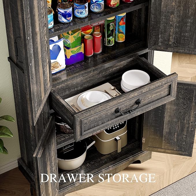 DWVO 71" Tall Kitchen Pantry Cabinet, Farmhouse Freestanding Storage Cabinet with Doors, Drawer and Adjustable Shelves for Kitchen, Living Room, Dining Room, Rustic Dark Oak