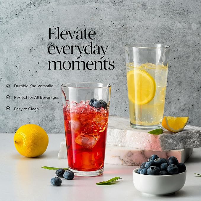 Home Essentials & Beyond Drinking Glasses Set of 4 Highball Glass Cups Bar Glasses, Uses for Juice, Water, Cocktails, Beverages, and Iced Tea. Dishwasher Safe
