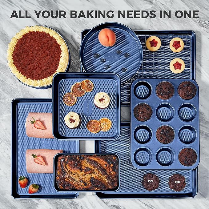 HONGBAKE 9-Piece Baking Pans Set Nonstick, Stackable Non Toxic Bakeware Sets with Diamond Texture, Oven Pan Set for Cooking, Includes Cookie Sheet with Rack, Cake Pan, Roasting Pan, Muffin Tin, Blue