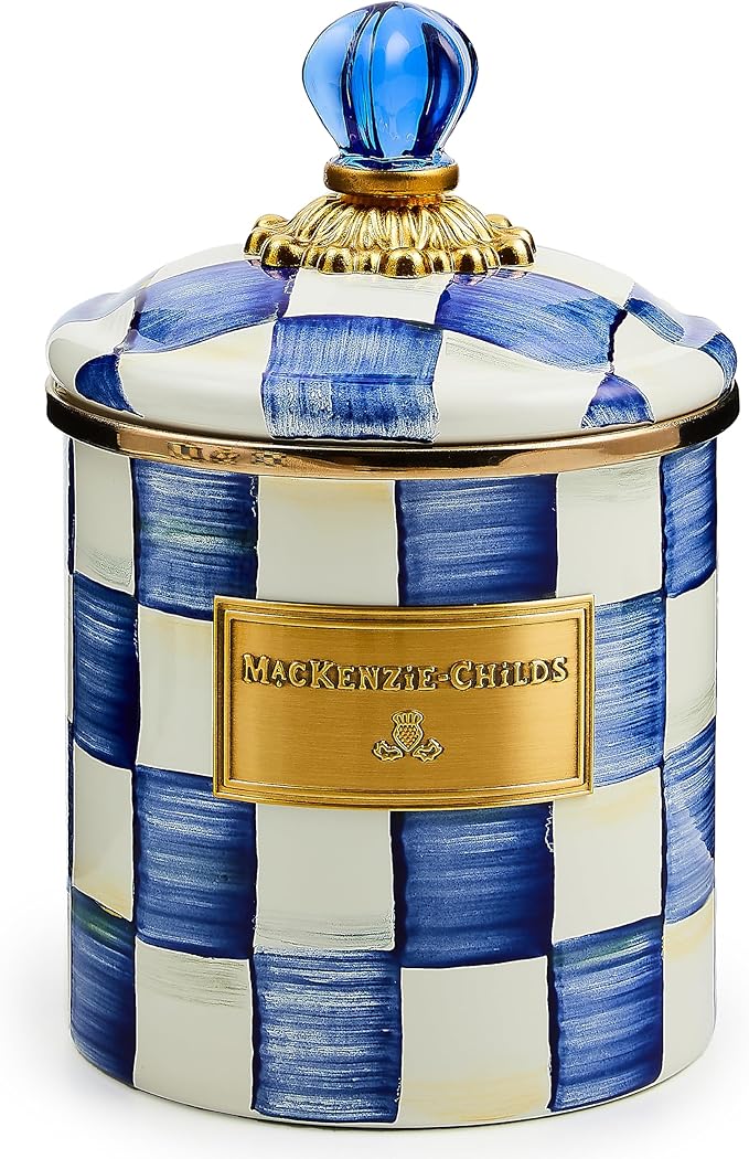 MACKENZIE-CHILDS Small Enamel Canister, Kitchen Storage Container for Flour and Sugar, 1.13 Liters, Blue-and-White Royal Check