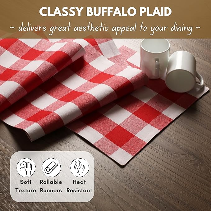 Native Fab Table Runner Buffalo Check Plaid 100% Cotton - 13x102 Inches Kitchen Dining Table Decoration for Indoor Outdoor Farmhouse Home Party Decor - Red and White
