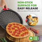 NutriChef 2-Piece 13-Inch Nonstick Pizza Tray, Round Carbon Steel Non-Stick Pizza Baking Pan with Perforated Holes, Premium Bakeware Pizza Screen with Silicone Grip Handles, Dishwasher Safe, NCBPIZX2