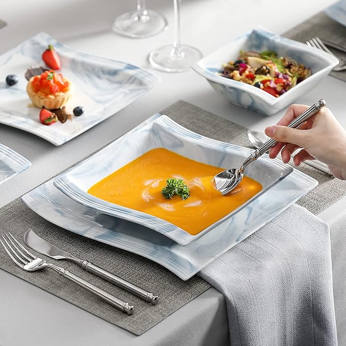 MALACASA Plates and Bowls Sets, 26 Piece Blue Dinnerware Sets for 6, Porcelain Dinner Set with Set, Dishes, Cereal Serving Platters, Kitchen Plate Bowl Series FLORA, 26 Piece(Service for 6)